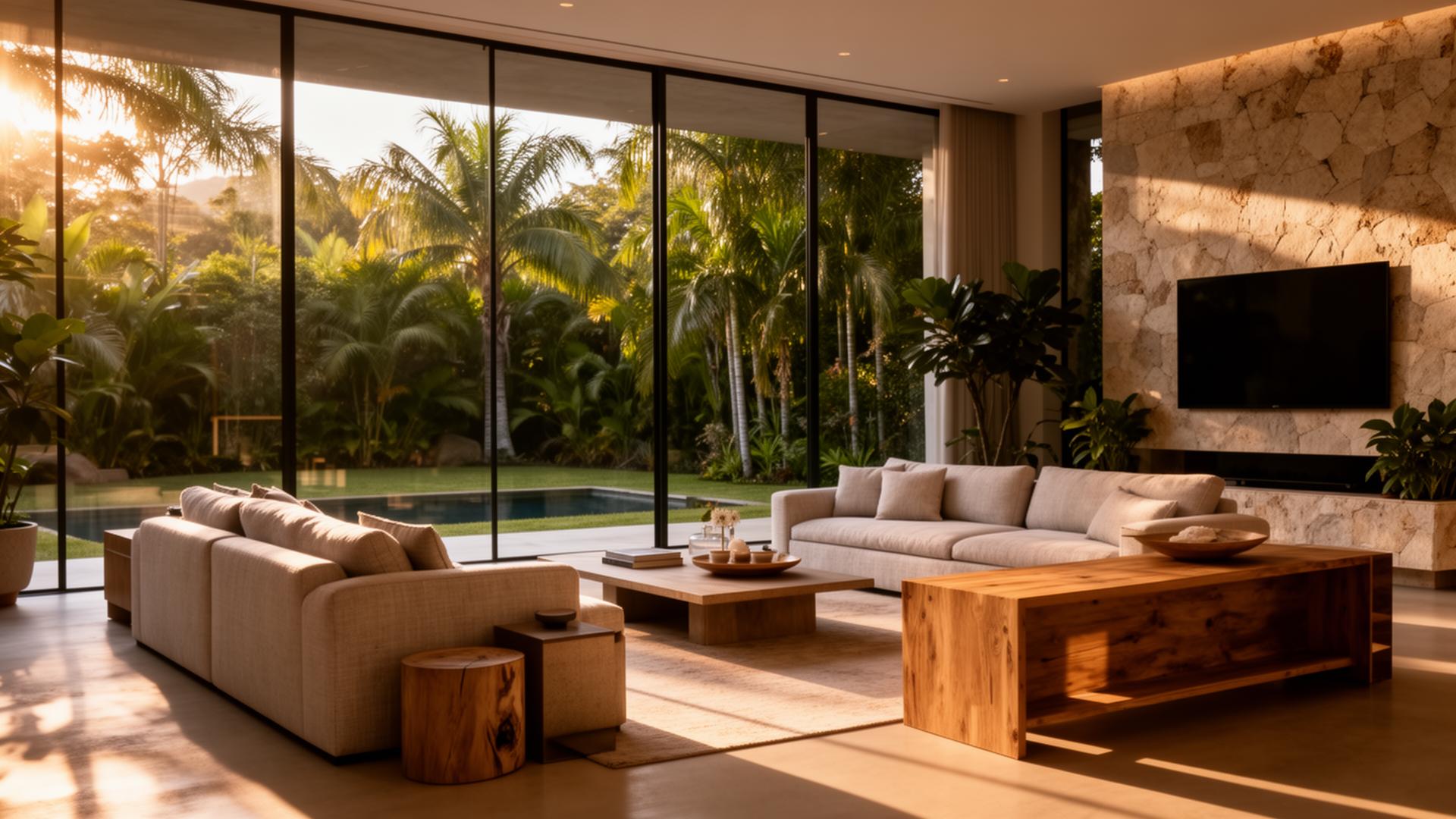 Sala de estar contemporânea com vista para jardim tropical
